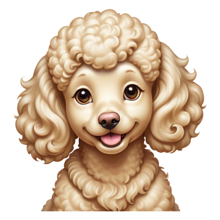 Cinematic Comical Cream Poodle Portrait Emoji, Head tilted dramatically with an exaggeratedly amused expression, featuring a glossy, curly cream Fur with a radiant sheen, wide, expressive warm eyes filled with playful disbelief, Simplified yet hilariously expressive features, highly detailed, glowing with a slightly sassy glow, high shine, dramatic yet playful, stylized with an air of cheeky mischief, bright and endearing, soft glowing outline, capturing the essence of a spirited and over-the-top companion, so meme-worthy it feels like it could side-eye its way into internet fame instantly! sticker