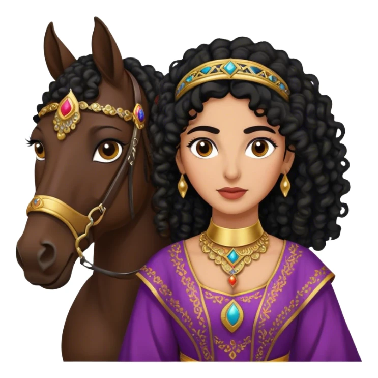 Middle Eastern woman with black curly hair and well defined eyebrows wearing a traditional dress holding into a horse  sticker