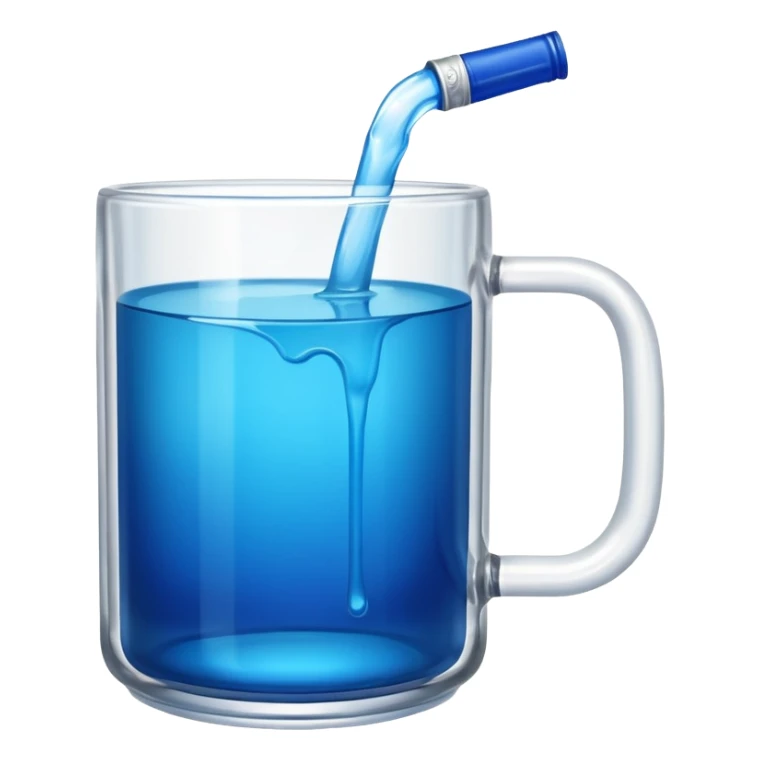 A large clear glass mug with a bright blue liquid inside.  Make the mug thicker and white/clear, not blue. beer stein. Handle is not blue. The walls of the mug are very thick and white. Only one handle. No actual beer. Can of redbull sticking out of too sticker