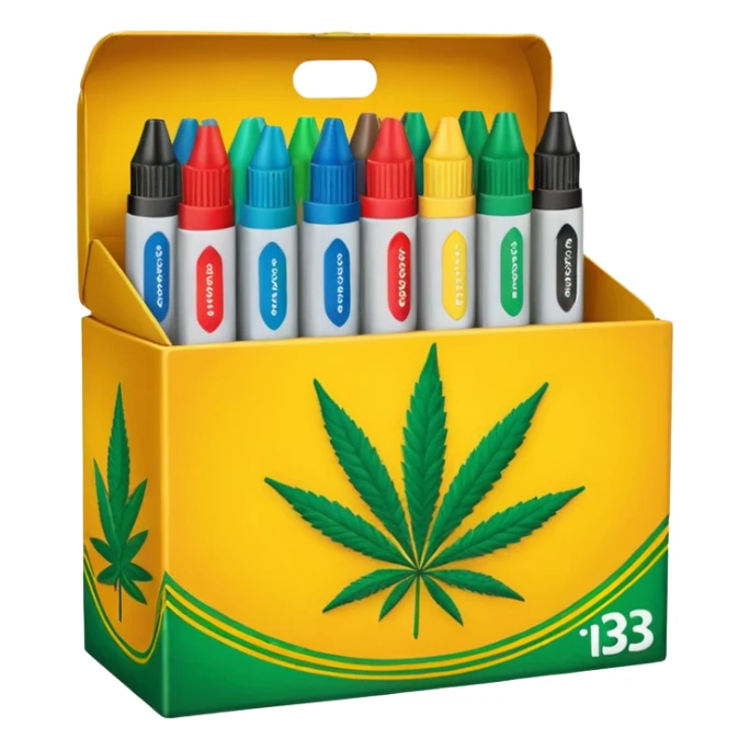 a box of crayola permanent markers with cannabis leaf sticker