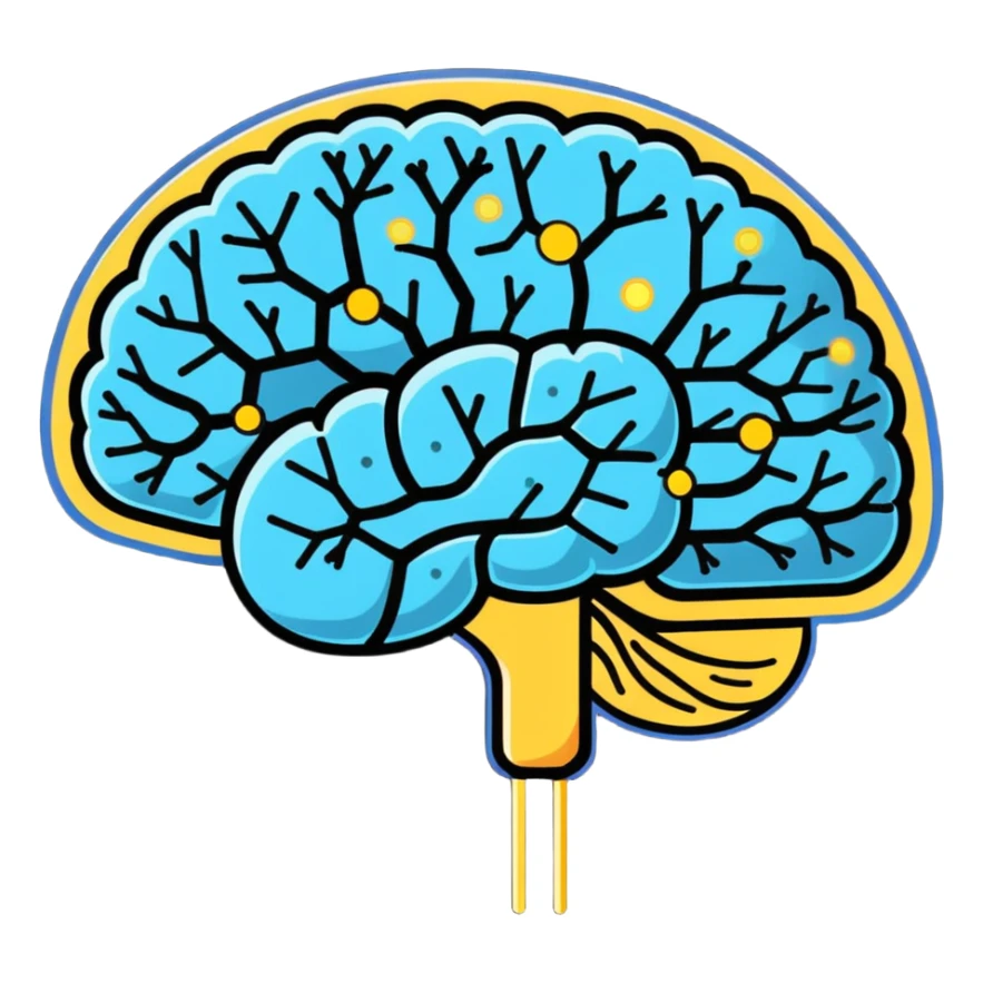Cute sticker of a pearly blue capsule floating before a stylized brain with golden sparks forming a neural network pattern. A small liver icon glows nearby, all within a gentle swirling aura representing mental clarity and body connection sticker