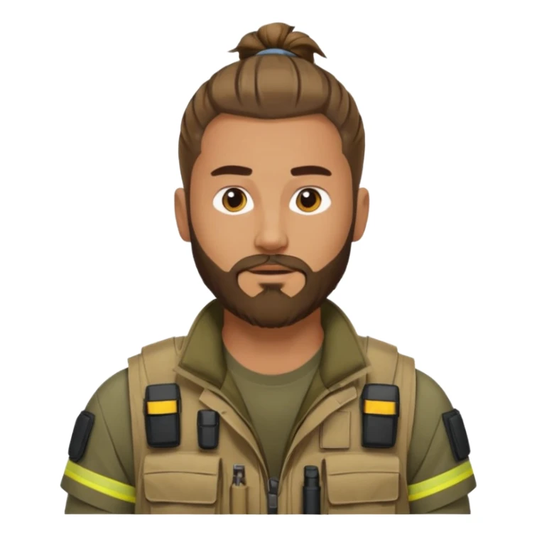 man with man bun hairstyle, beard, tactical vest, no glasses sticker