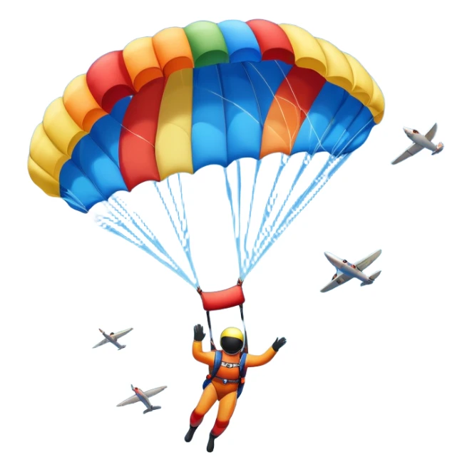 Colorful emoji. A skydiver free-falling through the sky, with a brightly colored parachute open above them. The background features a vast blue sky dotted with fluffy clouds, birds soaring nearby, and a plane flying off in the distance, emphasizing the thrill and freedom of the sport. sticker