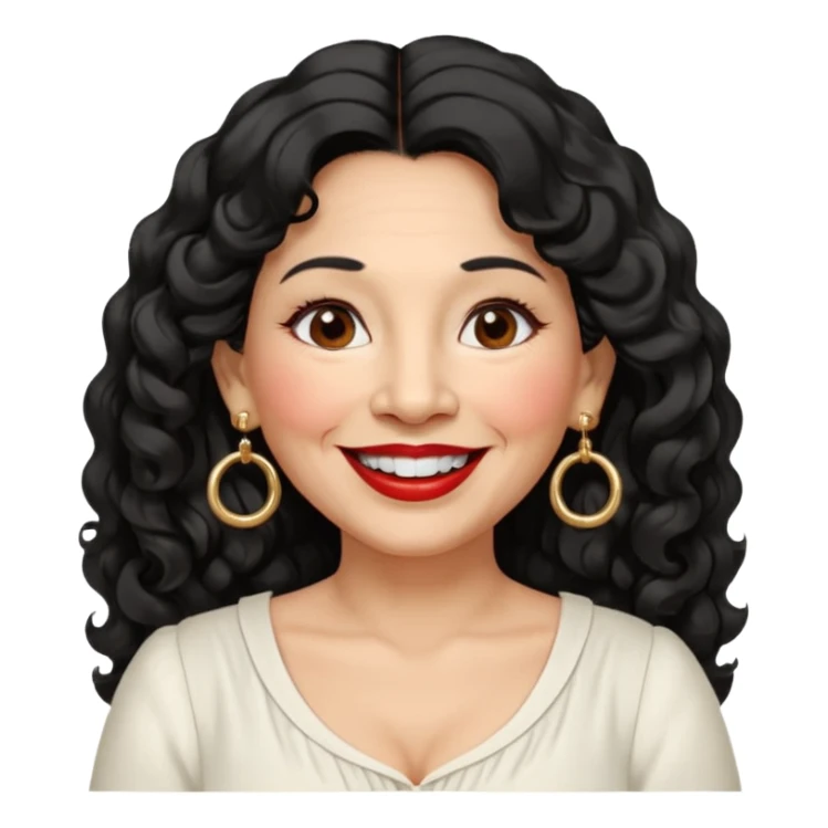 60 yr old peruvian woman, slightly chubby, wavy/curly long black hair, red lipstick, big smile, white teeth, brown eyes, hoop earings, side part to hair, round face, pretty white dress, hair side swept, big hoop earing sticker