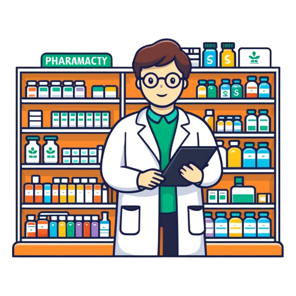 pharmacy shelves, pharmacist, sign sticker