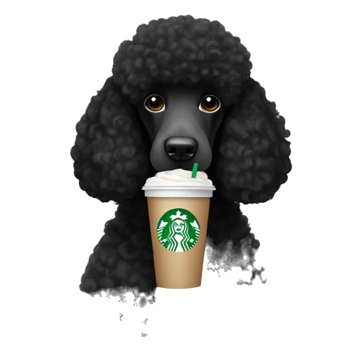 Black standard poodle holding a Starbucks drink sticker