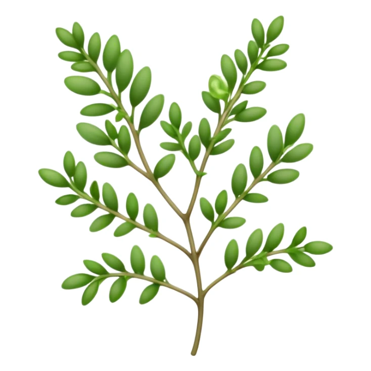 Cinematic Realistic Thyme Emoji, Compact and earthy, with tiny green leaves densely packed on delicate stems. The soft fragrance of the leaves fills the air, creating an atmosphere of warmth and subtle richness. Soft glowing outline, capturing the essence of simplicity and natural healing in a sprig of thyme! sticker