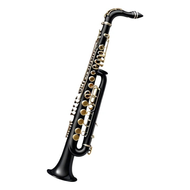 Create a sleek and professional emoji representing a black standard clarinet. The design should feature a smooth, glossy black body of the clarinet with shiny, silver keys clearly visible. Highlight the intricate details of the mouthpiece and reed at the top, while the body of the instrument should remain simple and elegant. Add subtle musical notes or soundwaves floating around the instrument to symbolize its clear, melodic sound. Use black for the body, silver for the keys, and soft lighting effects to give the instrument a polished, sophisticated look. The background should be transparent. sticker