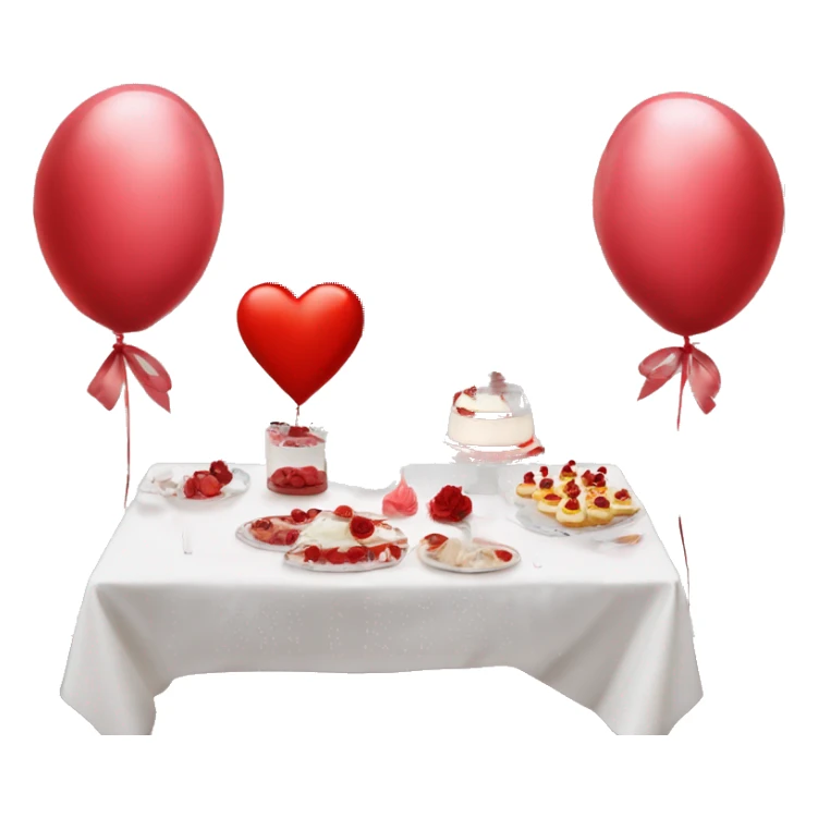 Red romantic party setting for two people and heart balloon  table with white cloth and candle with bows on the table and white Korean cake with black bows  sticker