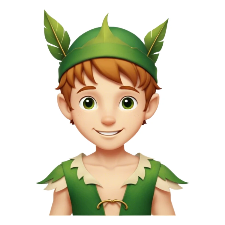 Cinematic Realistic Peter Pan Portrait, head tilted playfully and inquisitively, capturing his mischievous smile and twinkling eyes. The intricacies of his whimsical attire and the soft interplay of natural light bring to life his adventurous energy and childlike charm with a hint of daring strength. sticker