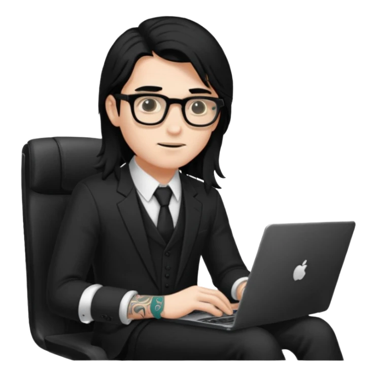 a young man with long black hair, with formal cloth, wearing glasses sitting with a laptop, tattoo inyout arms sticker