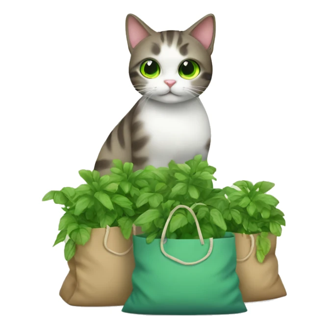 cat with bags of green plants sticker