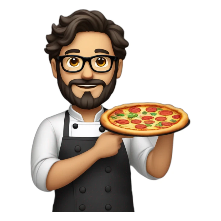 Dark haired 30 years old chef with beard and big glasses proudly holding a pizza sticker