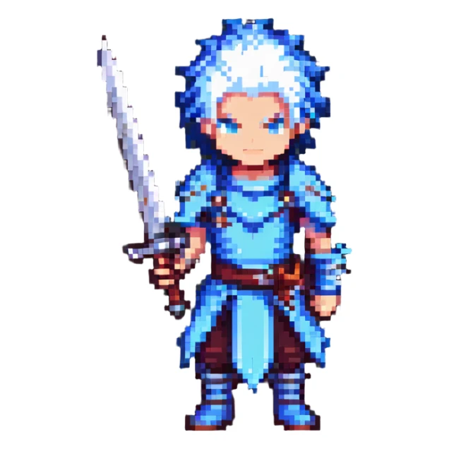 pixel art JRPG character with spiky hair and a large sword, inspired by Cloud Strife sticker