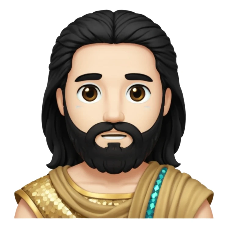 Pluto from Roman Deities with long black hair and beard, black sequin toga sticker