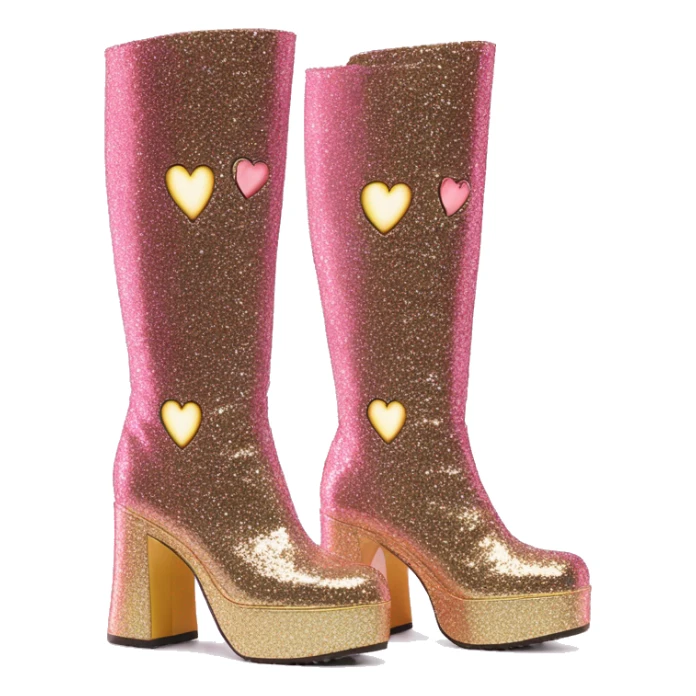 glittery platform knee high gogo boots with heart cutout on side sticker