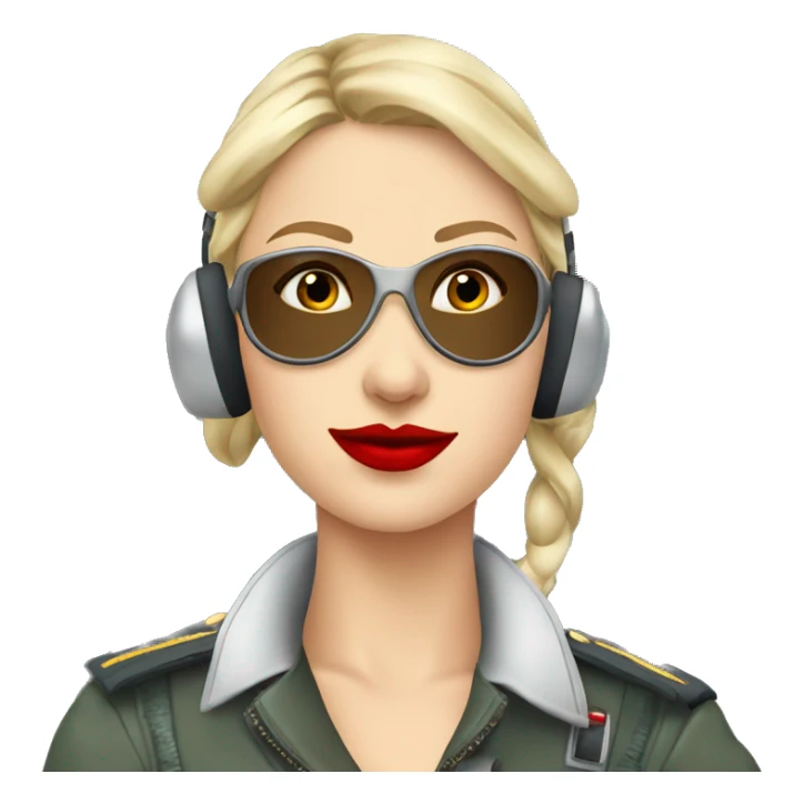 Blonde Russian pilot girl with red lips with pilot headset infront of an airplane   sticker