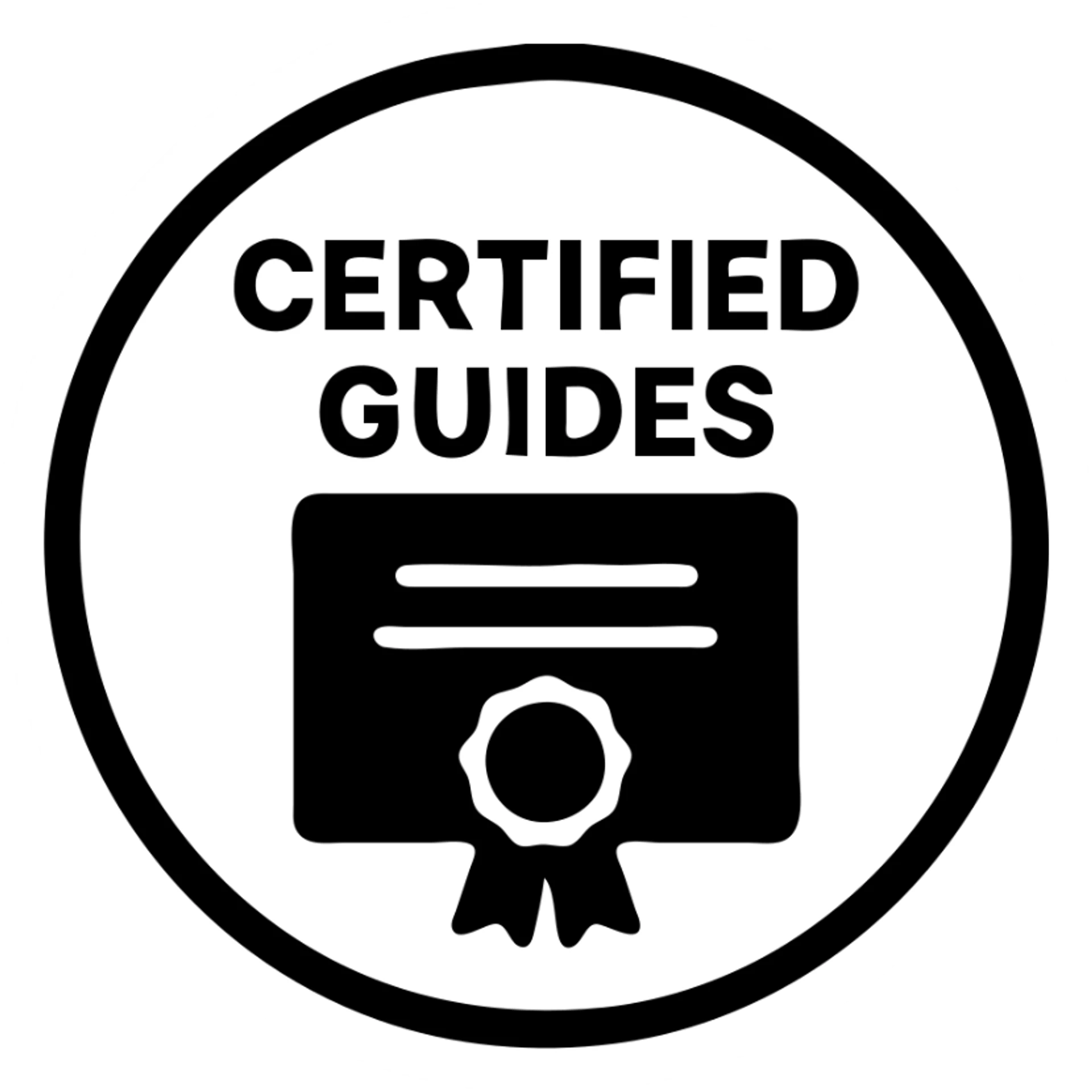 Minimalist black filled icon for Certified Guides. A guide badge or certificate symbol inside a circle, filled with black, matching the same color code and format as the reference images. sticker
