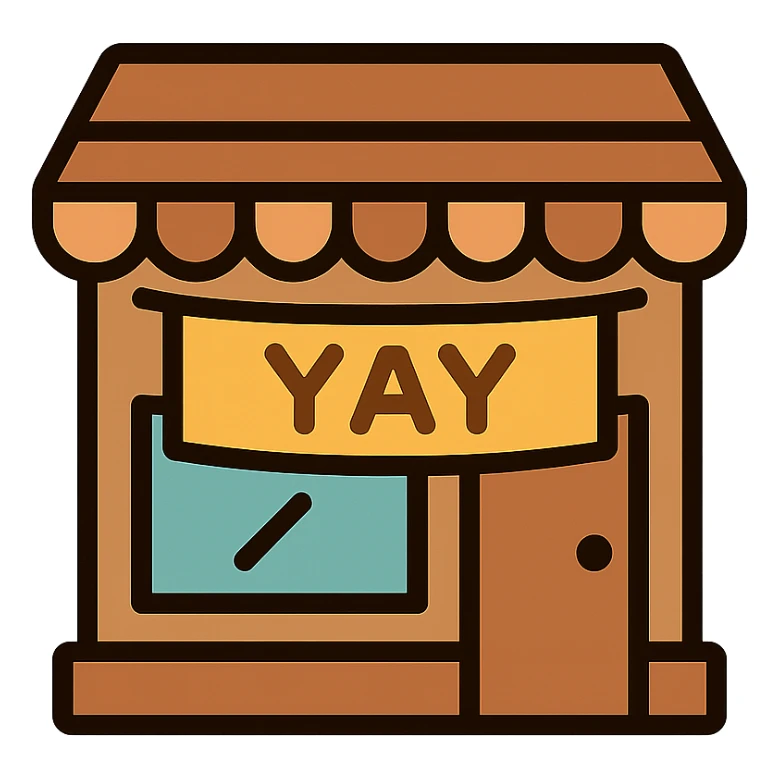 cozy brown café storefront with a soft “YAY” banner, warm hand-drawn tones sticker