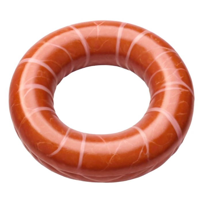 coiled raw sausage, pale pink slightly marbled surface, natural casing, thick rustic circular shape, smooth texture, visible flecks of fat, ends tucked under or gently pinched, no grill plate or garnish, soft lighting, subtle shadows, emoji scale sticker