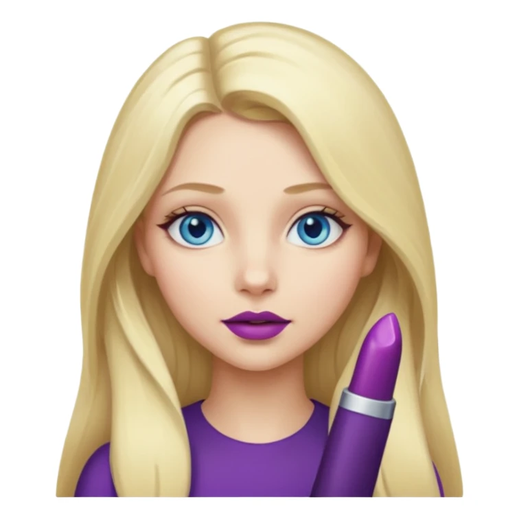 Girl, long blond hair, blue eyes, eggplant as lipstick sticker