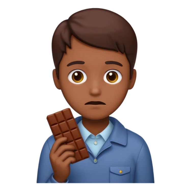 Apple style emoji sad face, person holding chocolate bar, subtle colors sticker