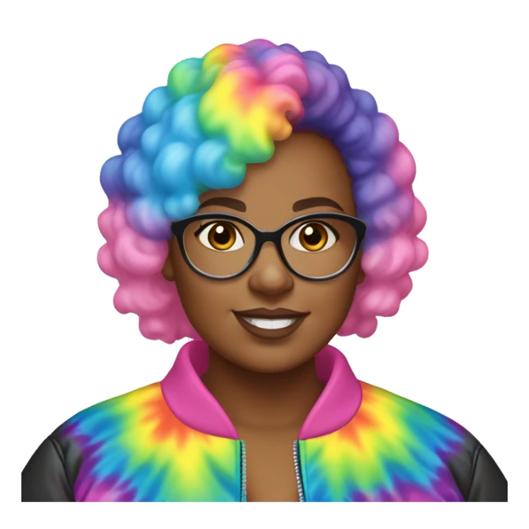 Plus size black woman with pink curly pixie cut hair and a rainbow tie dye bubble jacket  sticker
