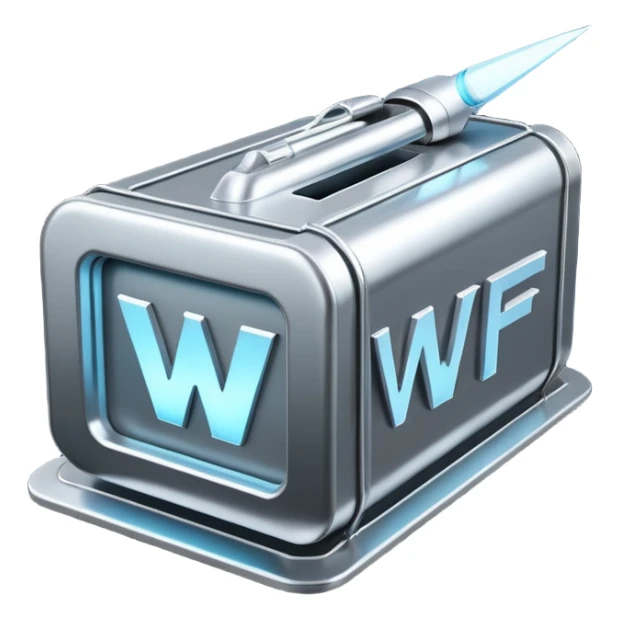 Futuristic spaceship beaming down a metal box with the letters “WF” large and boldly glowing on the side  sticker