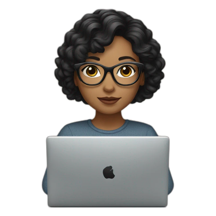 young woman with black wavy hair and square black glasses on computer sticker