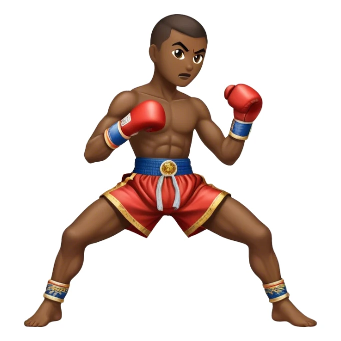 Cinematic Realistic Traditional Muay Thai Emoji, depicted as an intense dynamic martial arts scene featuring a fighter in traditional Muay Thai stance and attire, rendered with rich textures and energetic dramatic lighting that captures the sport's raw power. sticker