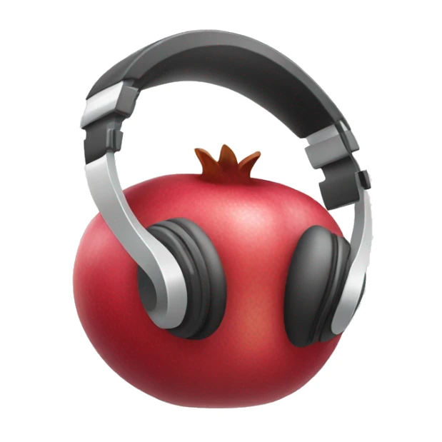 An IOS, Apple designed pomegranate emoji that is wearing headphones, facing to the right slightly. White background. Simple design. sticker