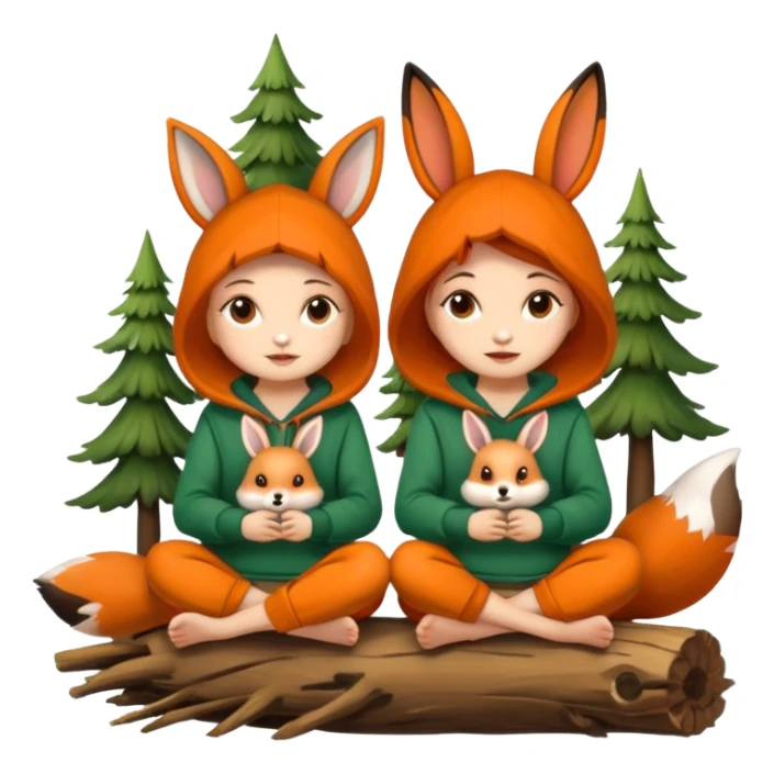 two forest women with cute fox and rabbit hoodies sitting together on log sticker