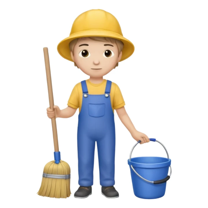 Boy in cleaning clothes, holding a broom and a bucket sticker