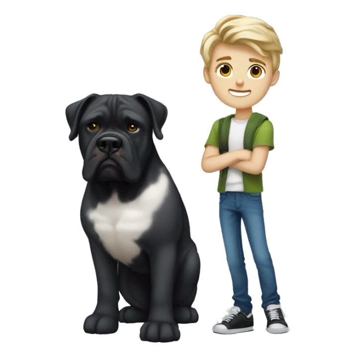 young white kid with justin beiber hairstyle standing alongside a black cane-corso sticker