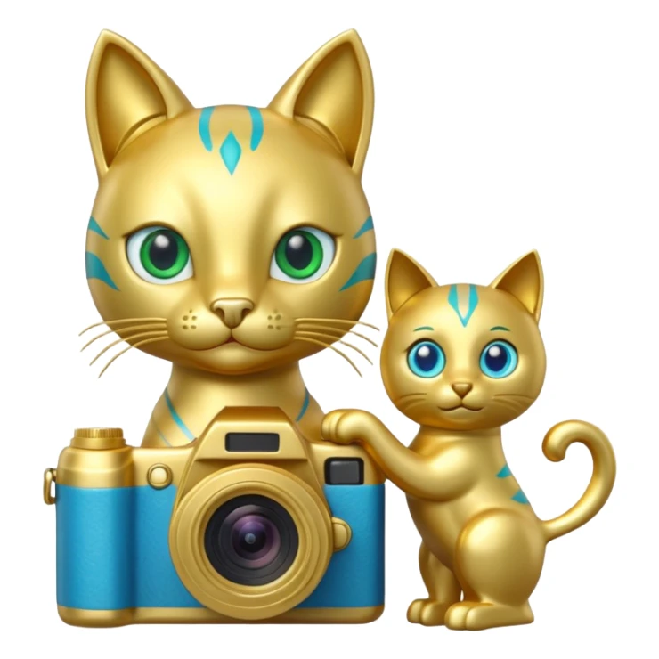 A green cat with blue eyes holds a camera and a gold horse statue  sticker