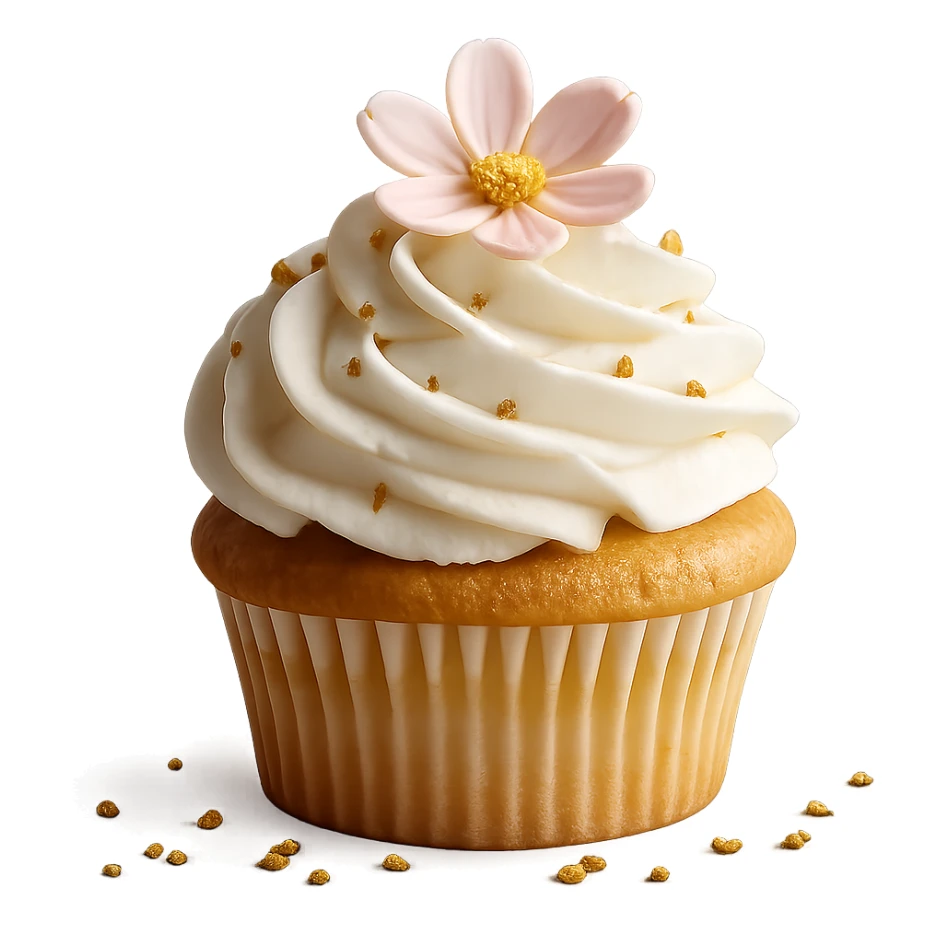 Change the icing to vanilla while keeping the realistic cupcake and accessories in a photorealistic style. Maintain transparent background. The style is photorealistic and realistic cupcake appearance. sticker