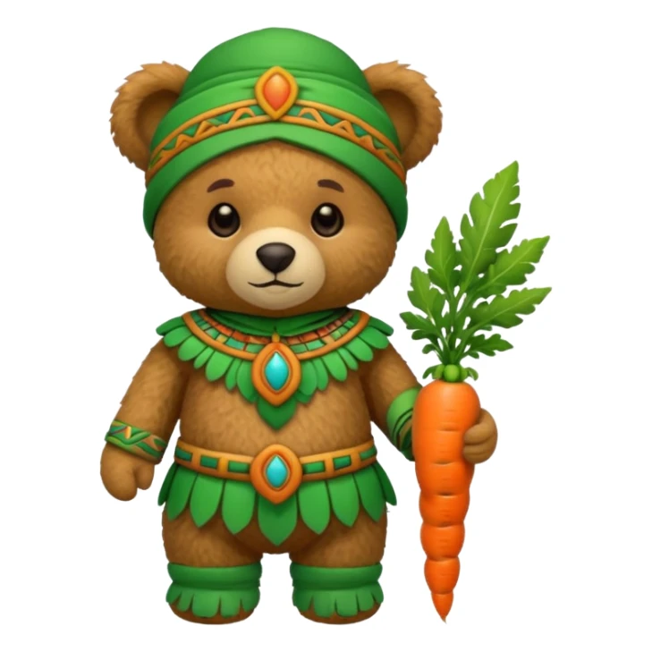 teddy bear, wearing green mayan ancient custome, with carrot half body sticker