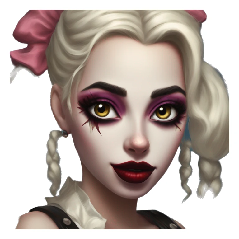 Vuxen Jasmine in Harley Quinn style, oil paint, mysterious eyes, intricate lips, masterpiece portrait, odd perspective, beautiful, desirable, logical sticker