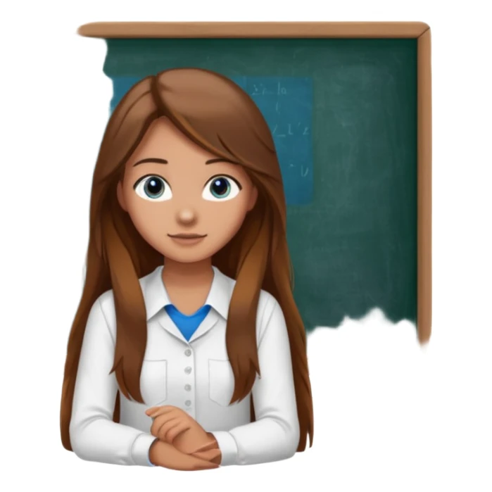 high school class room with a pretty female high school student with long brown hair, blue eyes sitting in front of the blackboard sticker