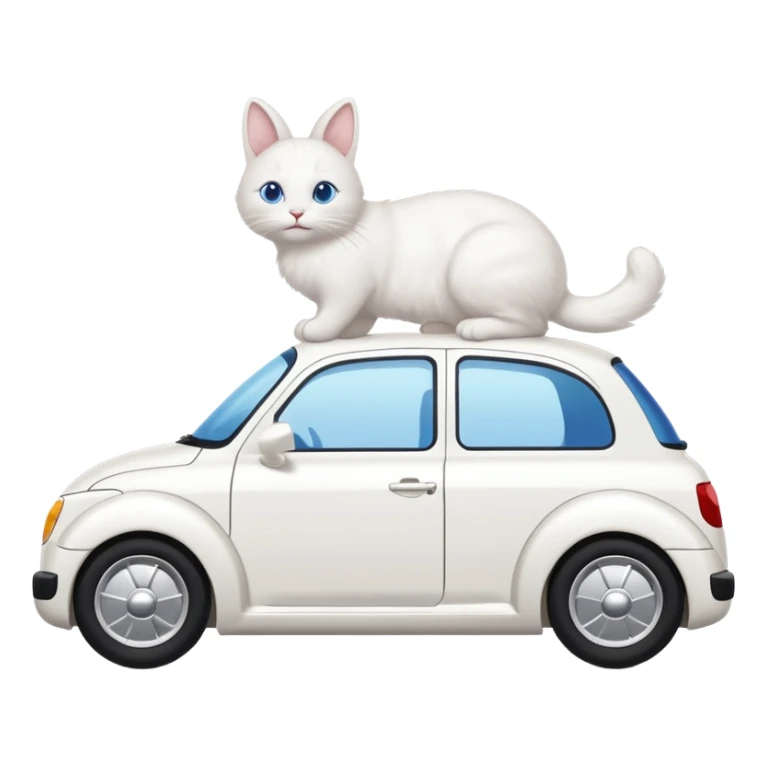 Please create a small emoji the size of 🚗 featuring a pure white cat with bunny tail (not ears) with blue eyes on a white saloon car viewed from side. Again it is necessary that the emoji must be extremely small, much smaller than a standard sized sticker. sticker