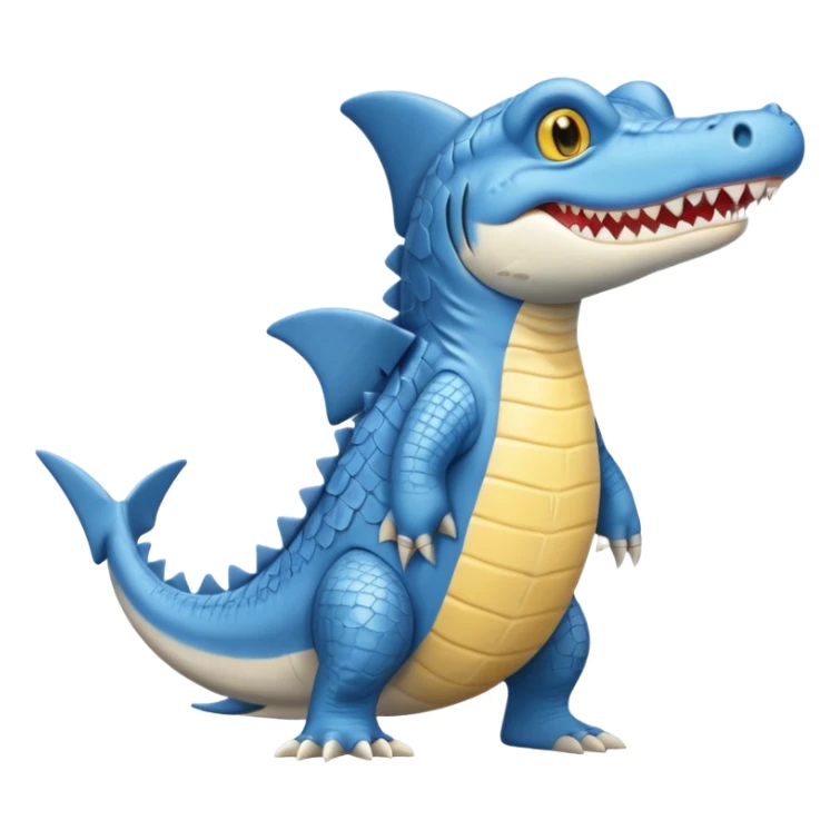 Appearance: The character is predominantly blue with a lighter belly and yellow eyes.
Features: It has large teeth, a shark-like fin on its back, and a tail.
Attire: The crocodile is wearing a pair of light blue and white sneakers.
Pose: It is standing upright on its hind legs. sticker