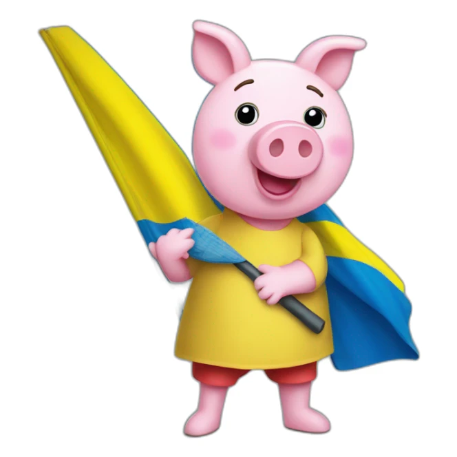 Pepa pig holds a Ukrainian flag sticker