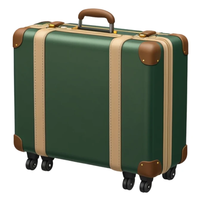 dark green suitcase on wheels with handle and light beige inserts, emoji style sticker