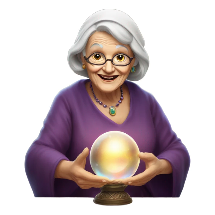 Wise Old Lady Fortune teller with crystal ball looking into the camera smiling sticker