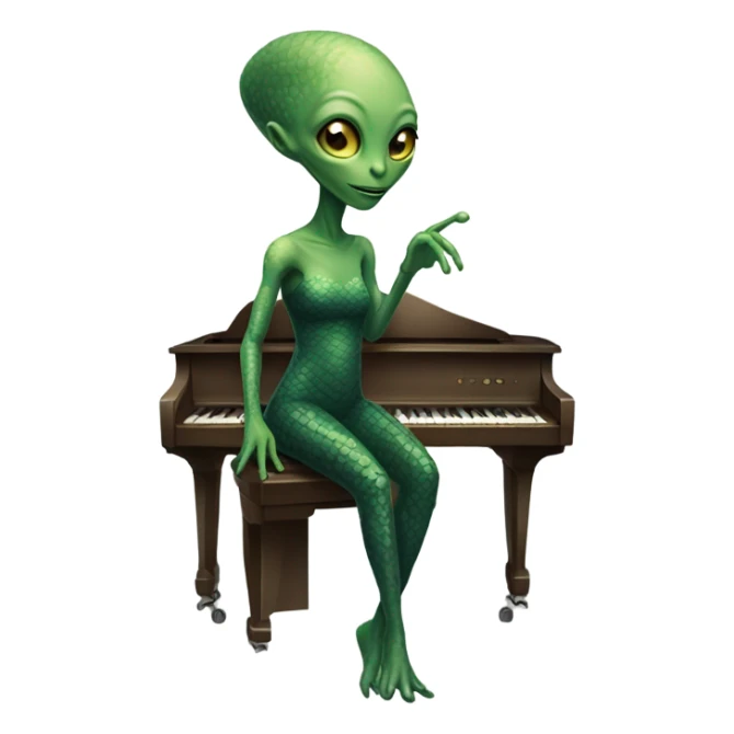a Reptilian alien woman, play a piano sticker