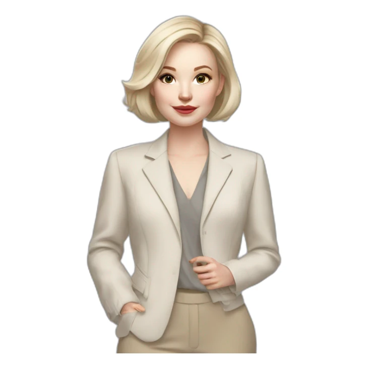 pale skin woman with ash blonde Straightened bob Hair, White Spacious classical jacket, beige palazzo Arrow pants and gray blouse holding RAL colour palette in the hands sticker