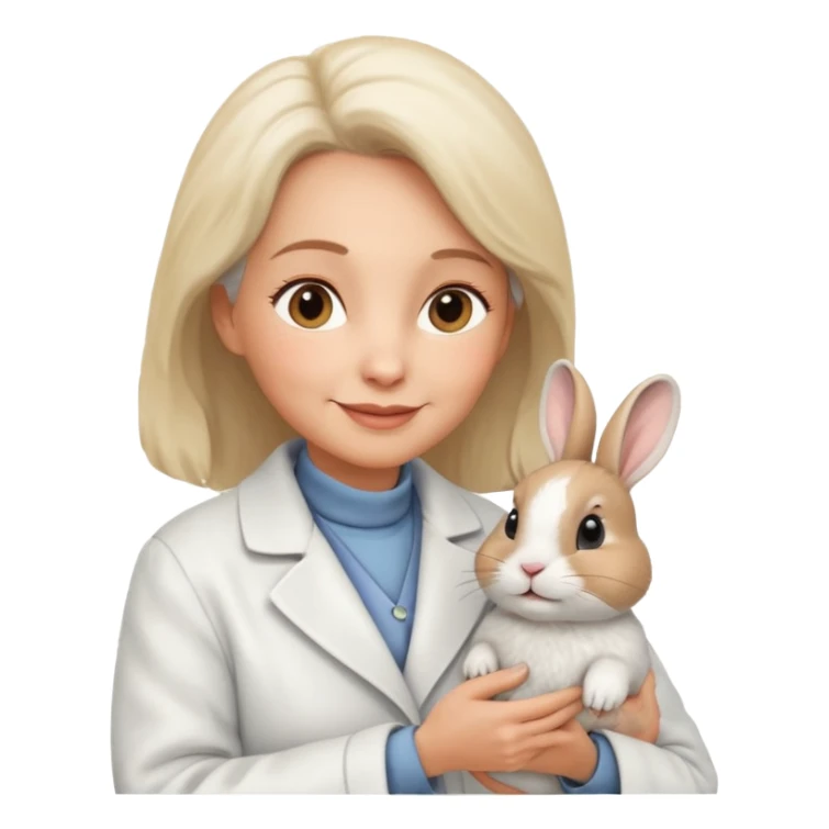 Older female vet – gentle smile, coat, checking rabbit  sticker