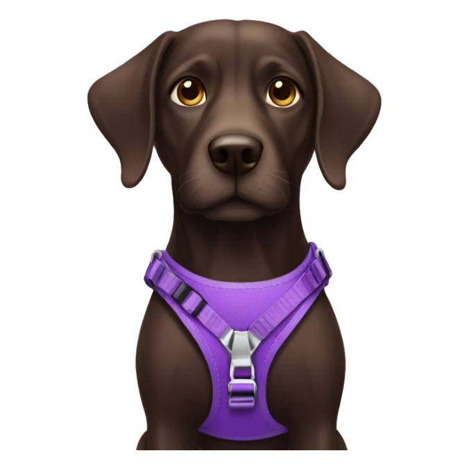 Dark brown dog wearing purple harness sticker