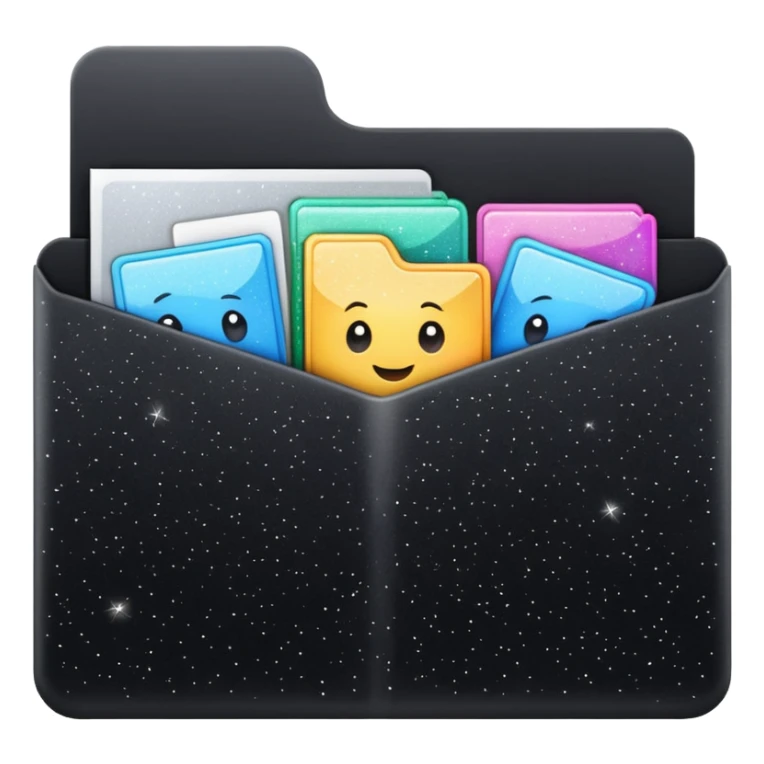 small cute black folder icon, slightly open at the top, multiple pockets or dividers, label on the front with the word 'Titles', sparkles around the folder sticker