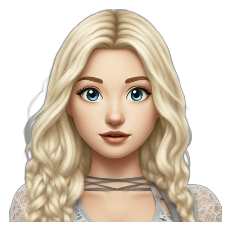 caucasian straight long haired blonde, white plush lace up crop top, tight grey mini skirt, hyperrealist drawing sticker